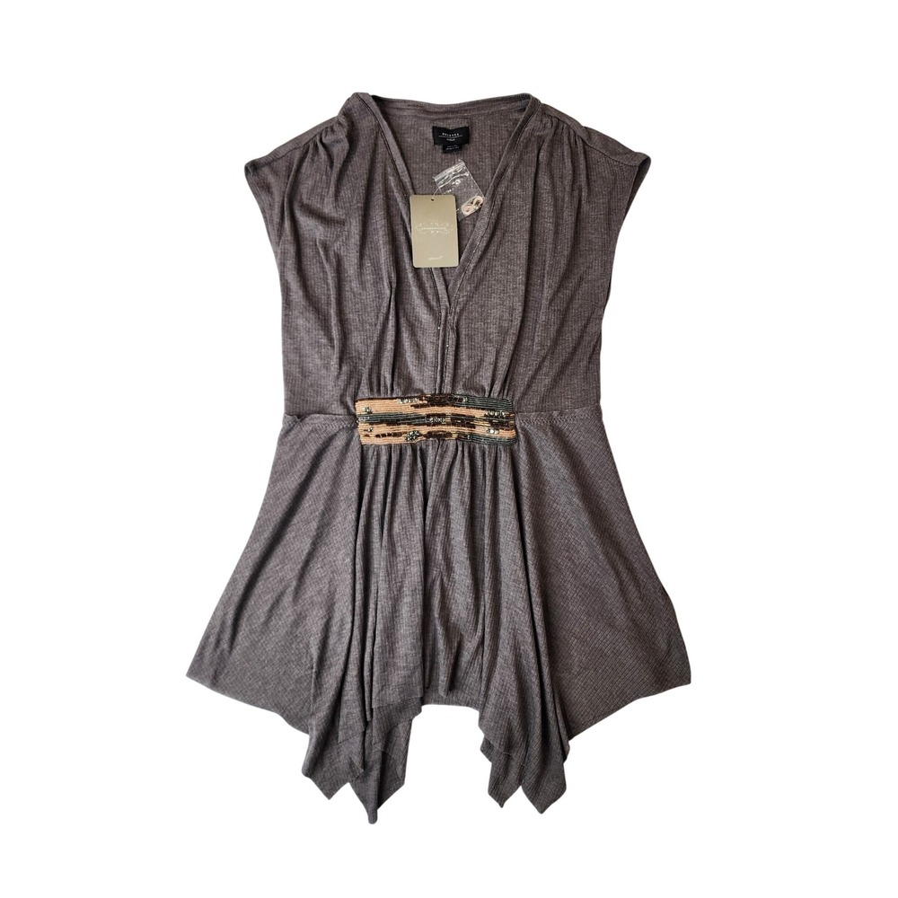 Deletta Anthropologie Tunic M Brown Sequined Ribbed Bohemian Flowy Sharkbite Hem